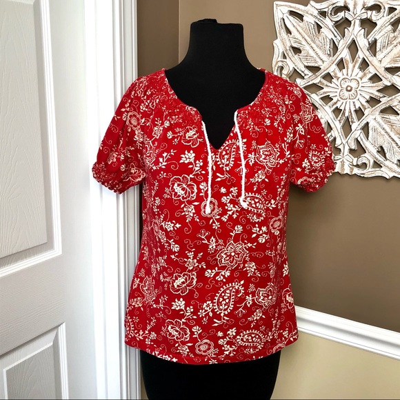 ⭐️ Lauren Jeans by Ralph Lauren Red Blouse White Floral Print with Tie - MEDIUM - Picture 4 of 12
